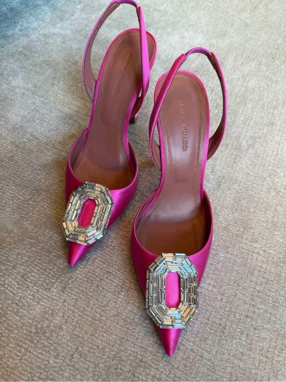 Amina Muaddi Fuchsia Satin Pointed Slingback Pumps with Crystal Buckle